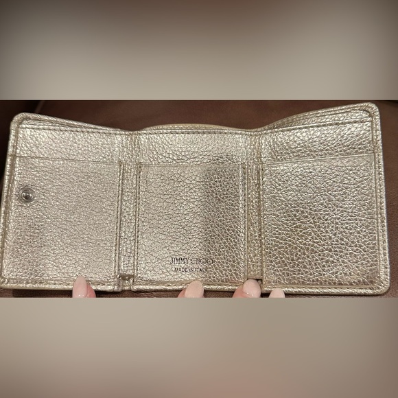 Jimmy Choo Tri Fold Compact Wallet Shiny Gold Pebble Leather w/Silver Star Studs - Picture 11 of 11